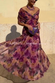 Printed V-Neck Waisted Mesh Maxi Dress for Vacation