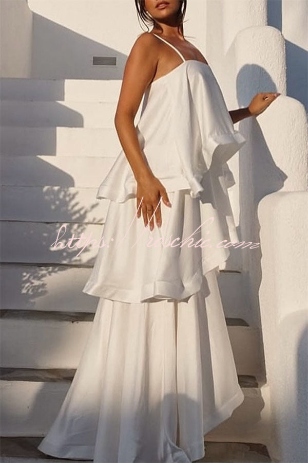 Satin Tiered Maxi Dress – Square Neck Sleeveless A-Line