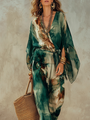 Green Tie-Dye Batwing Sleeve Top and Wide-Leg Pants Set