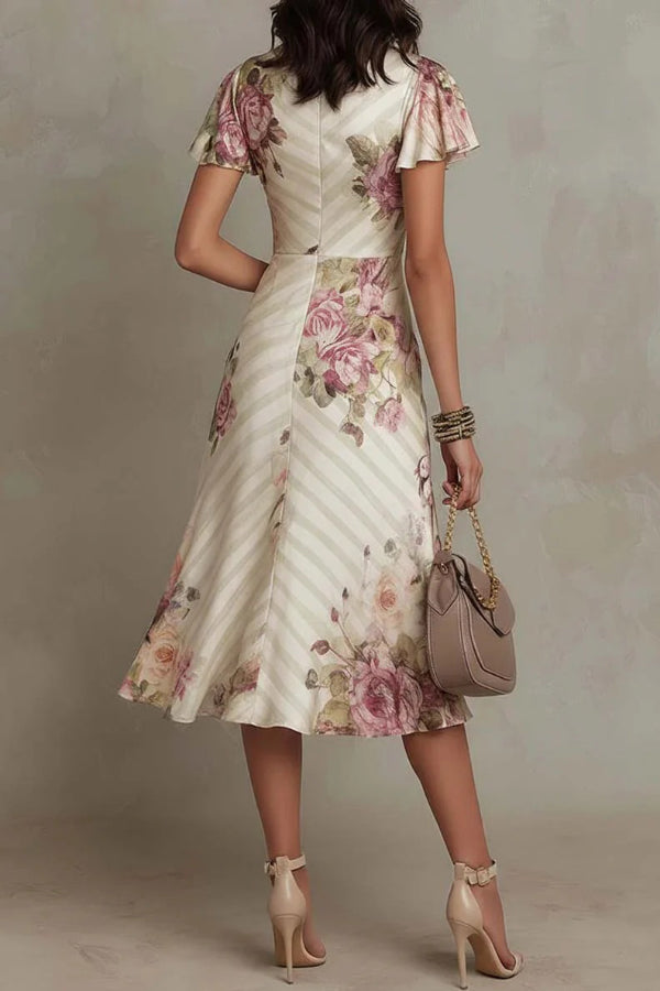 Floral V-Neck Ruffle Sleeve Midi Dress with Cinched Waist