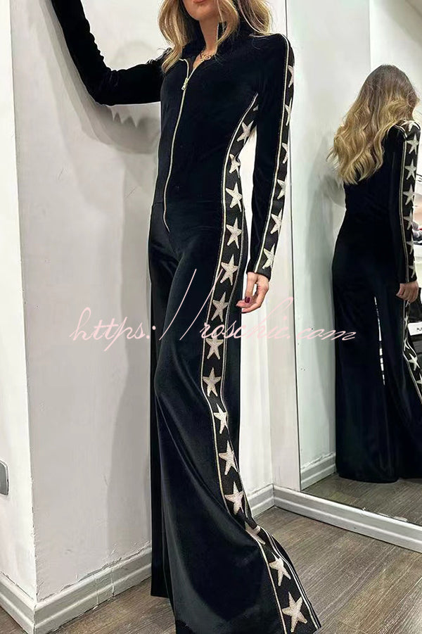 Star-Print Velvet Wide-Leg Jumpsuit with Zip Front