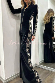 Star-Print Velvet Wide-Leg Jumpsuit with Zip Front