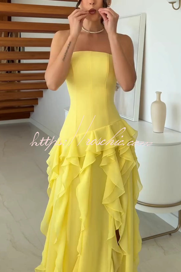 Off-Shoulder Maxi Dress with High Slit and Ruffle Detail