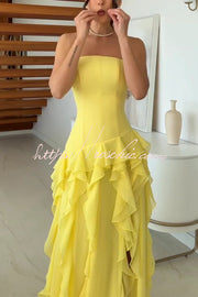 Off-Shoulder Maxi Dress with High Slit and Ruffle Detail