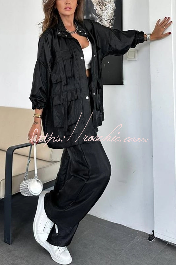 Metallic Wide Leg Pants with Elastic Waist & Pockets