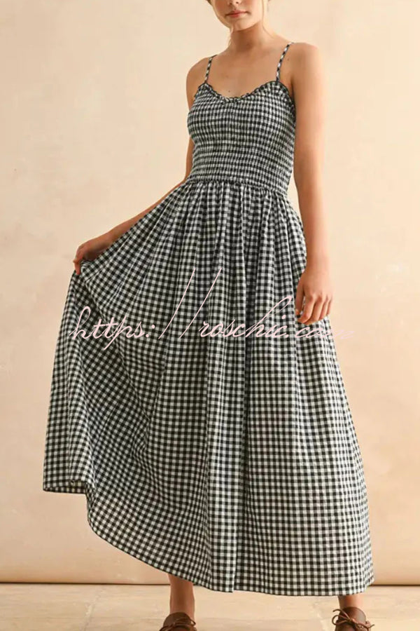 Plaid Print Ruched Maxi Dress with Pockets
