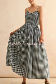 Plaid Print Ruched Maxi Dress with Pockets