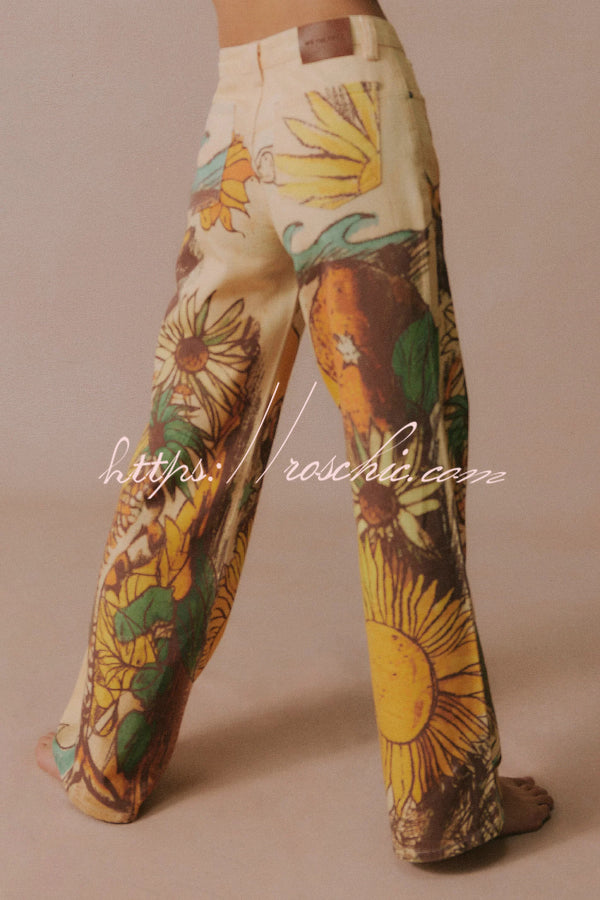 Doodle Print Wide Leg Jeans – Mid Rise, Loose Fit