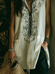 Embroidered Zip-Neck Sleeveless Tunic Blouse – Boho Relaxed Fit