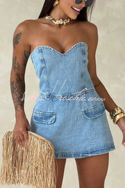 Denim Off Shoulder Smocked Romper – Loose Fit Vacation Style