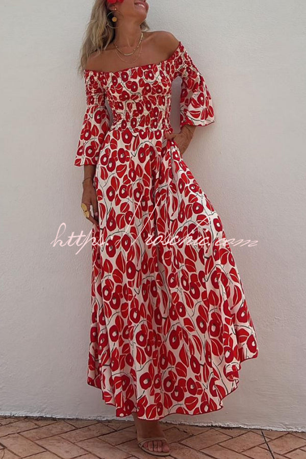 Floral Smocked Off-Shoulder Maxi Dress with Pockets