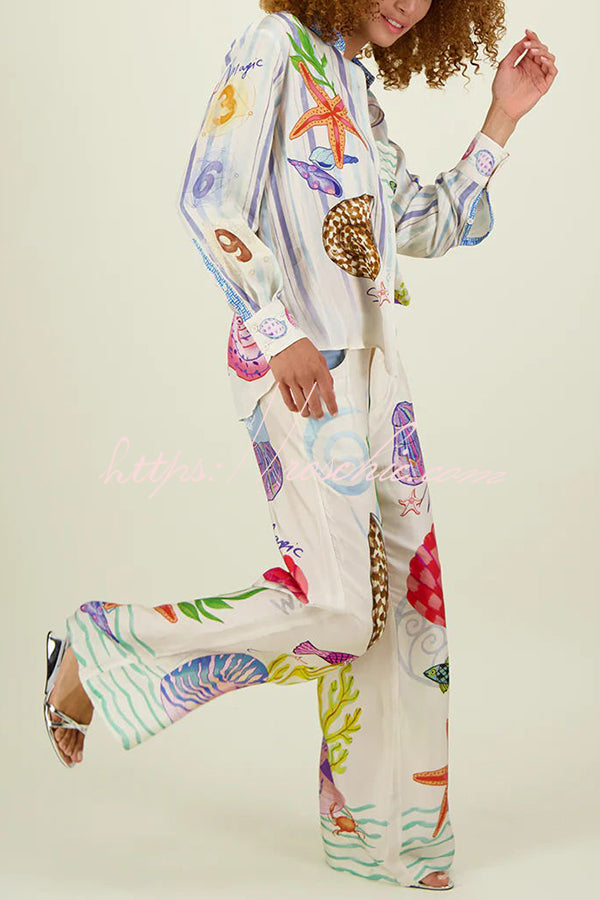 Satin Ocean Print Oversized Button-Down Blouse