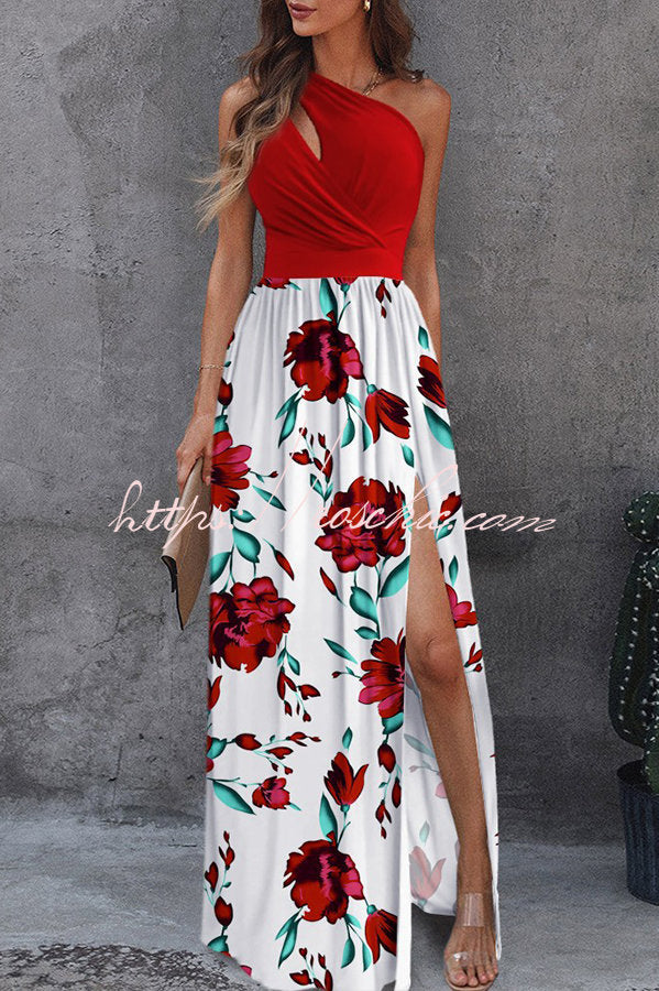 Floral One-Shoulder Cutout Slit Maxi Dress