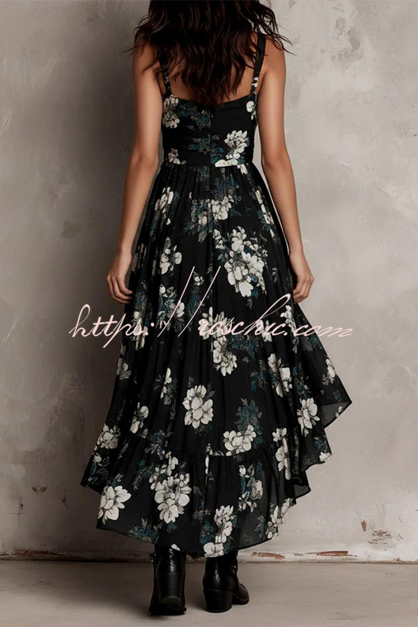 Floral High-Low Ruffle Dress – Sleeveless Loose Fit