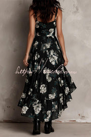 Floral High-Low Ruffle Dress – Sleeveless Loose Fit
