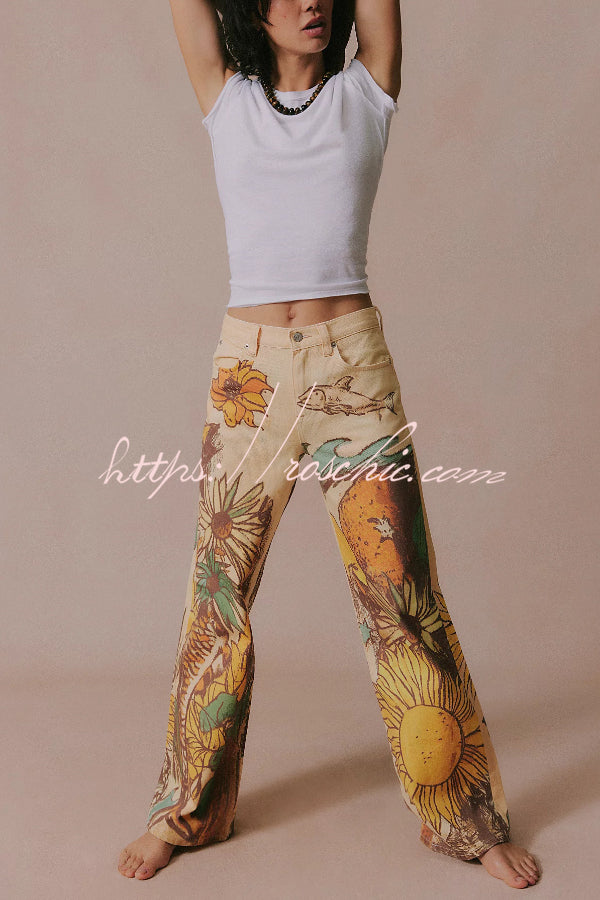 Doodle Print Wide Leg Jeans – Mid Rise, Loose Fit