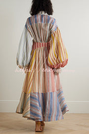 Rainbow Patchwork Striped Linen Blend Midi Dress