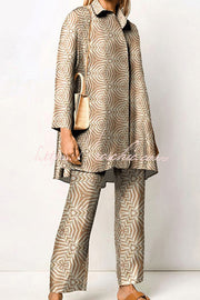 Geometric Print Lapel Two-Piece Top and Pants Set