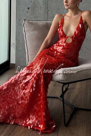 Fish Scale Sequin Cutout U-Neck Slip Maxi Dress