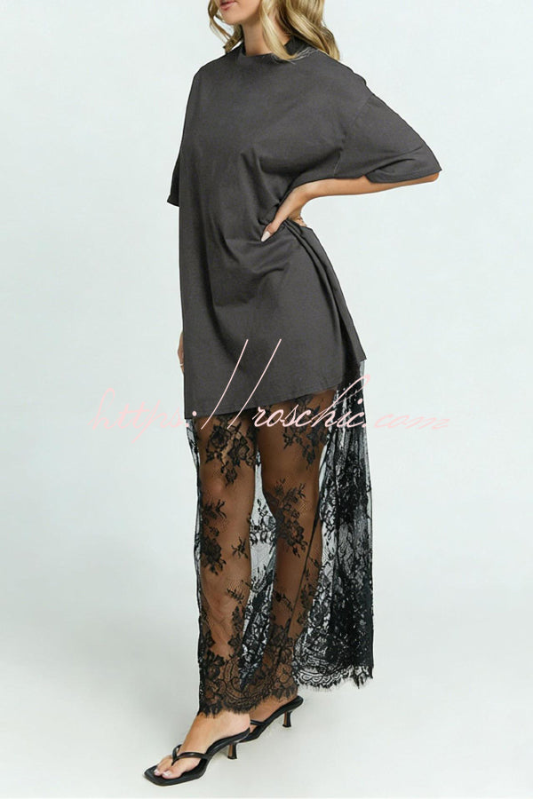 Lace Hem Maxi Dress – Loose Fit Short Sleeve Vacation Dress