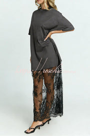 Lace Hem Maxi Dress – Loose Fit Short Sleeve Vacation Dress
