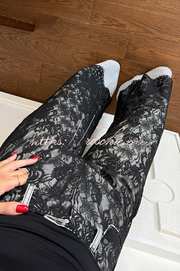 Wide Leg Jeans with Lace Patchwork Detail, High Rise