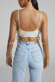 Diamond Mesh Bell Sleeve Top with Boat Neck
