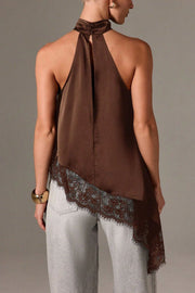 Satin Sleeveless Halter Top – Loose Fit Lace Hem