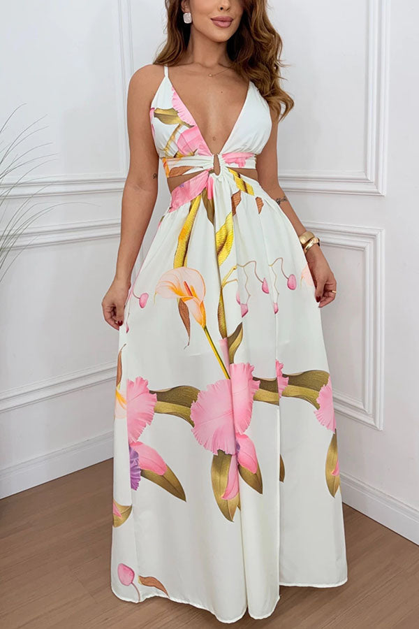 Floral Print Cutout Waist Open Back Lace-Up Slit Maxi Dress
