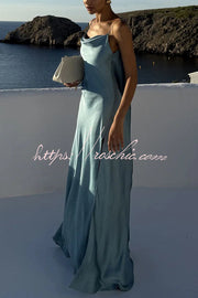 Satin Draped Neck Backless Ruffle Slit Maxi Dress