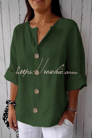 Women's V-Neck Loose Button Top – 3/4 Sleeve Casual Blouse