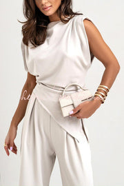 Ruched Shoulder Wide Leg Pants Set with Pockets