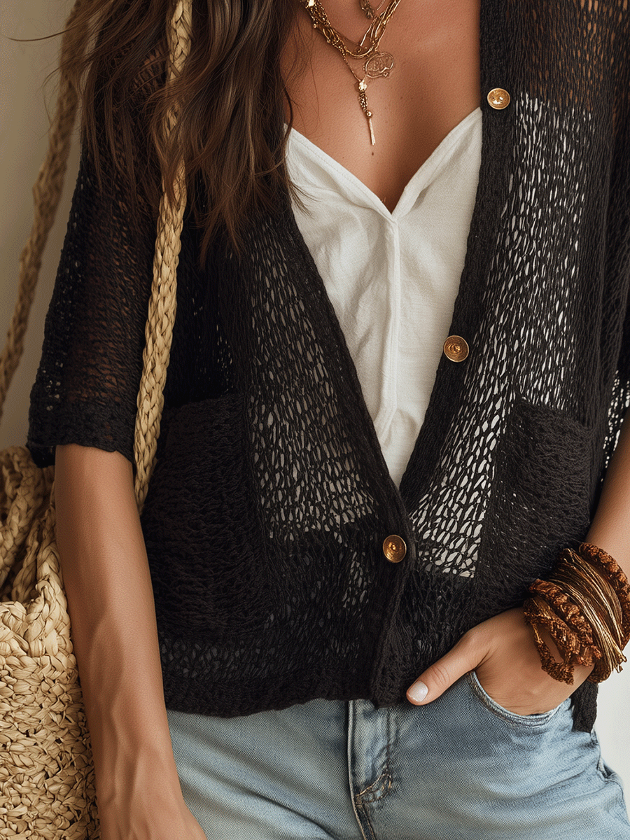 Open-Knit Bohemian Cardigan in Midnight Black – Resort Wear
