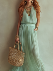 Mint Green Chiffon Pleated Sleeveless Maxi Dress