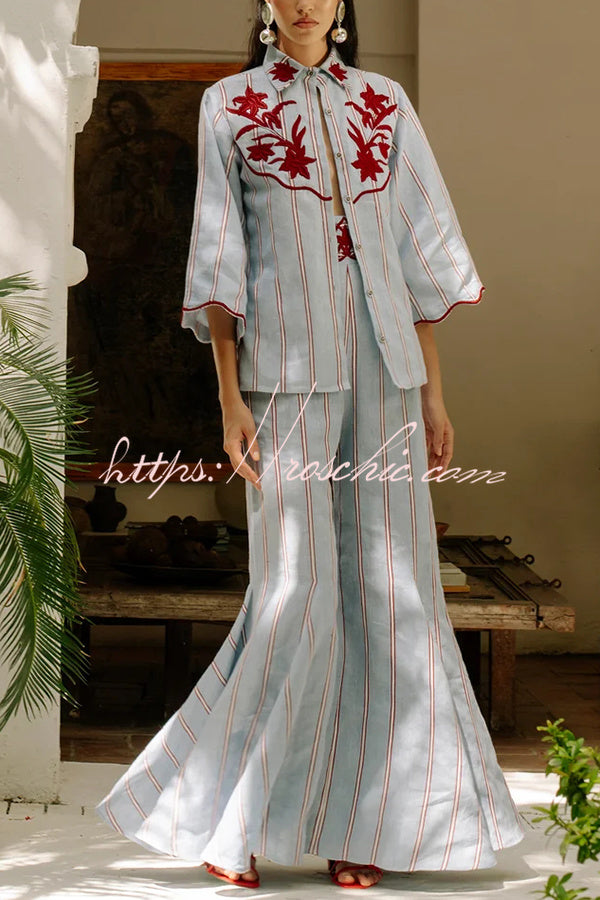 Linen Blend Floral Embroidery Stripe High Rise Flare Pants