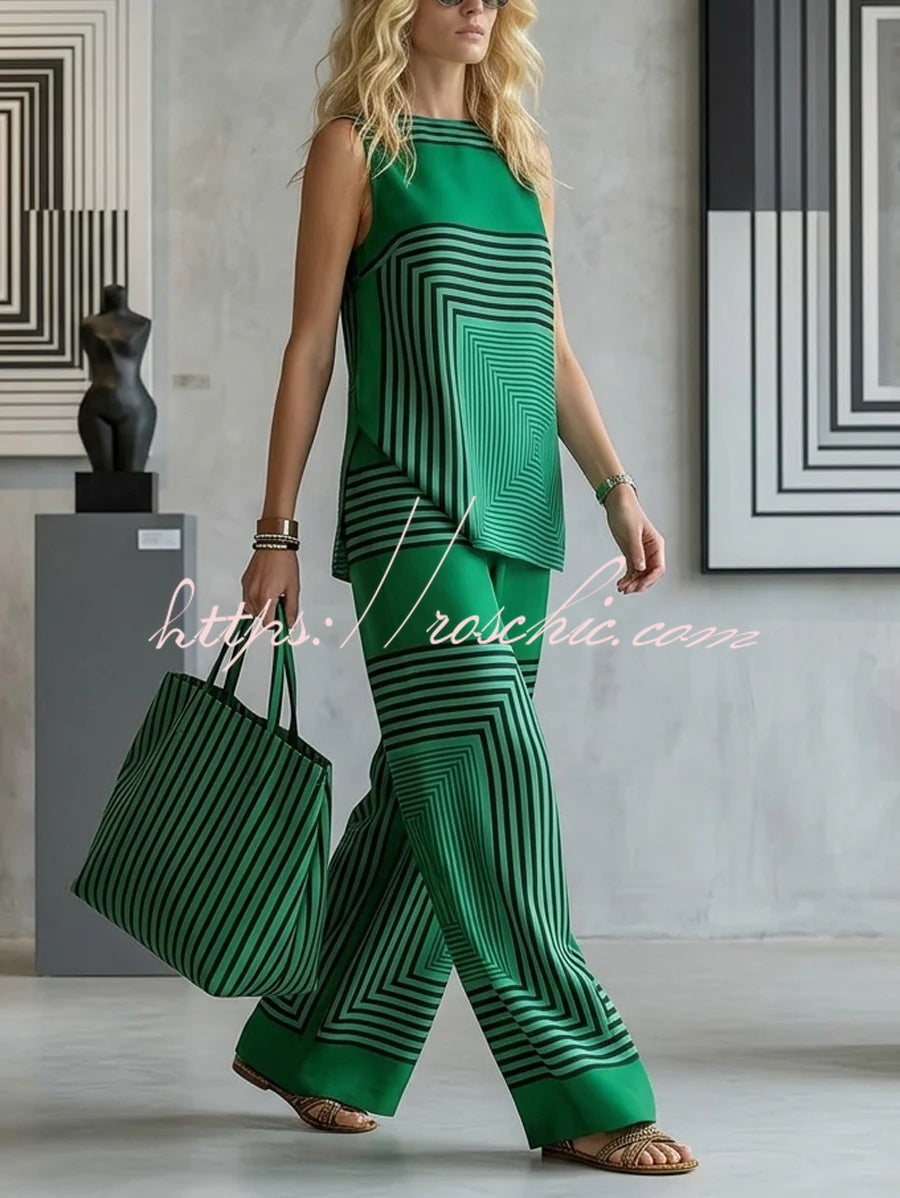 Geometric Print Sleeveless Top & Wide-Leg Pants Set