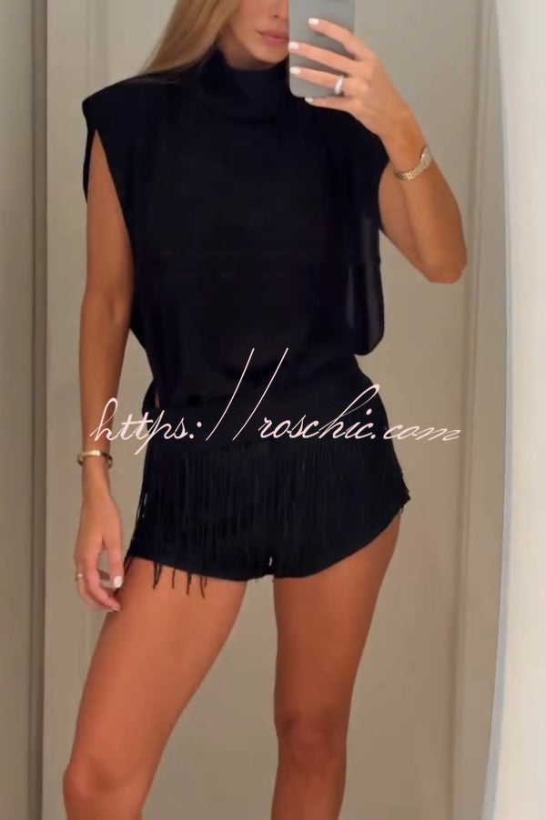 Sleeveless Stand Collar Top & Fringed Shorts Set – Vacation Wear
