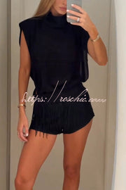 Sleeveless Stand Collar Top & Fringed Shorts Set – Vacation Wear