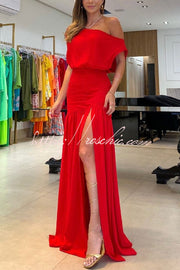 One Shoulder Ruched Slit Maxi Dress for Parties