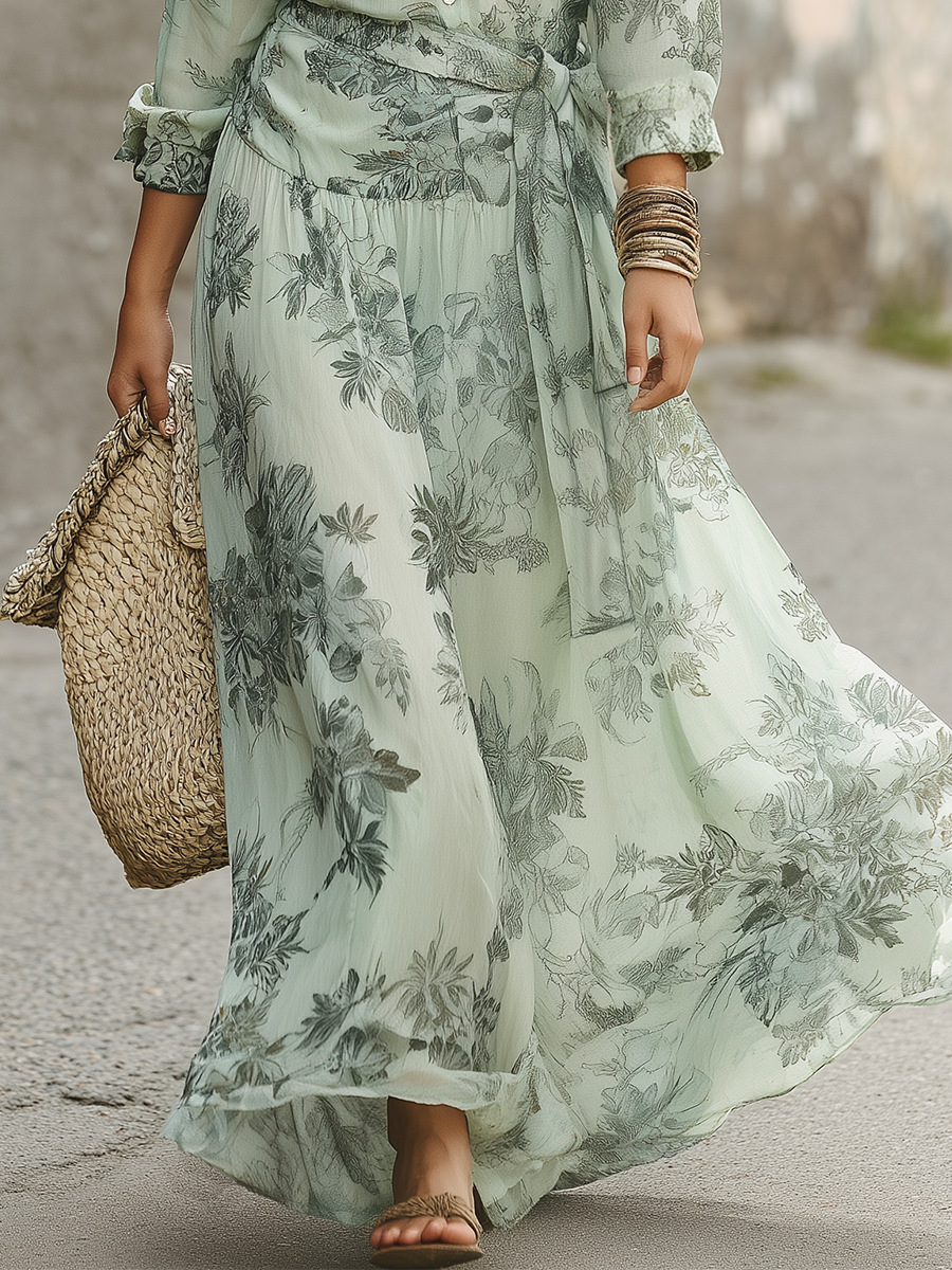 Sage Floral Wrap Maxi Dress with Long Sleeves