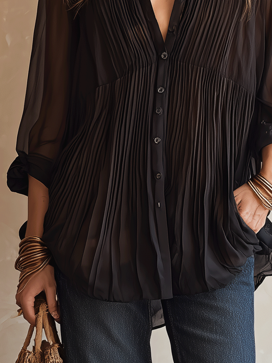 Black Chiffon Pleated Blouse – Relaxed Bohemian Fit