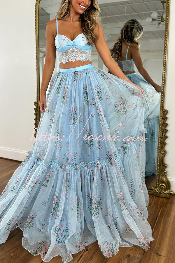 Satin Bow Lace-Back Crop Tank & Tulle Maxi Skirt Set
