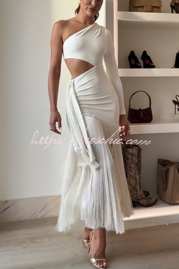 One Shoulder Cutout Maxi Dress with Tassel Trim
