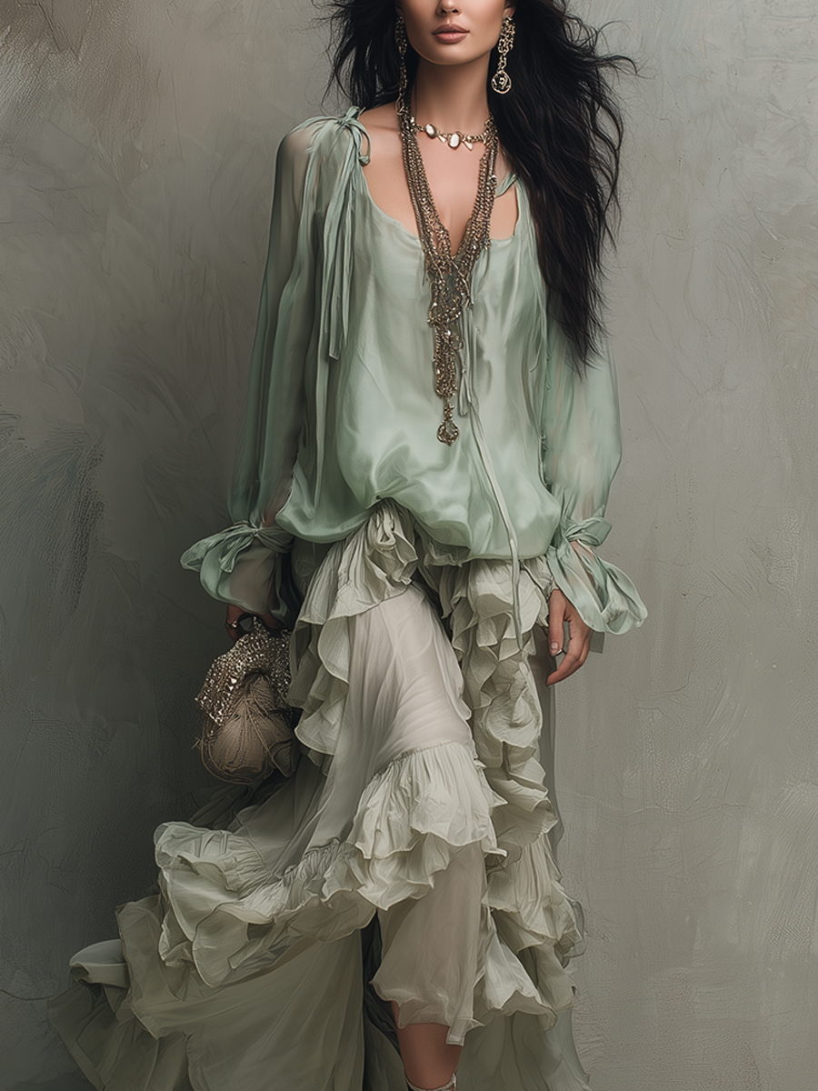 Mint Chiffon Ruffle Blouse & Layered Skirt Set