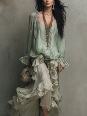 Mint Chiffon Ruffle Blouse & Layered Skirt Set