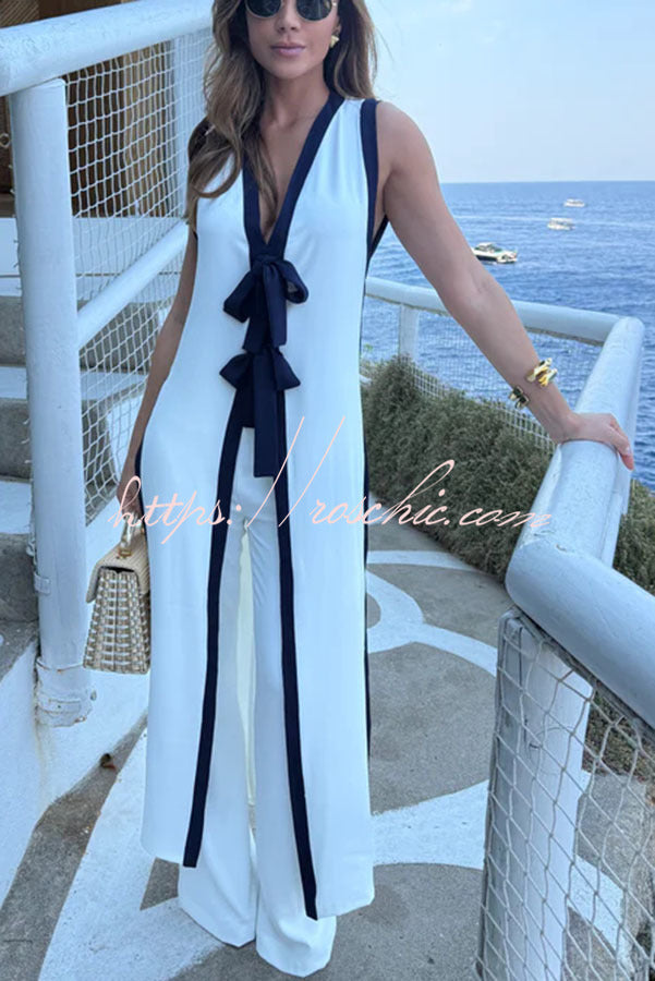 Colorblock Bow Detail Slit Midi Top & Pants Set