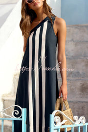 Striped One-Shoulder Midi Dress – Loose Fit Vacation Wear