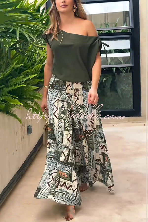 Off Shoulder Printed Top and Wide Leg Pants Set