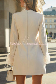 Mini-robe à manches longues et bordure en plumes pour les fêtes