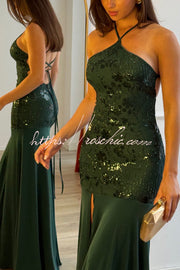 Sequin Halter Neck Slim-Fit Slit Maxi Dress